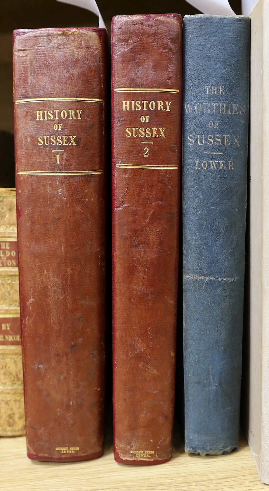 Horsfield, Thomas Walker - The History, Antiquities, and Topography of the County of Sussex, 2 vols, 4to, half red morocco, with 2 folded maps, 1 only portrait frontis (to vol 2) and 54 plates, Baxter, Lewes, 1835 and Lo